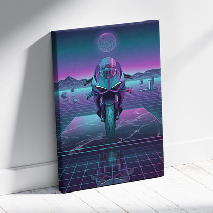 Ducati Panigale V4 Inspired Teal Purple Vaporwave Motorcycle Canvas Wall Art Neon Grid Sportbike Artwork Retro Futuristic Garage Decor
