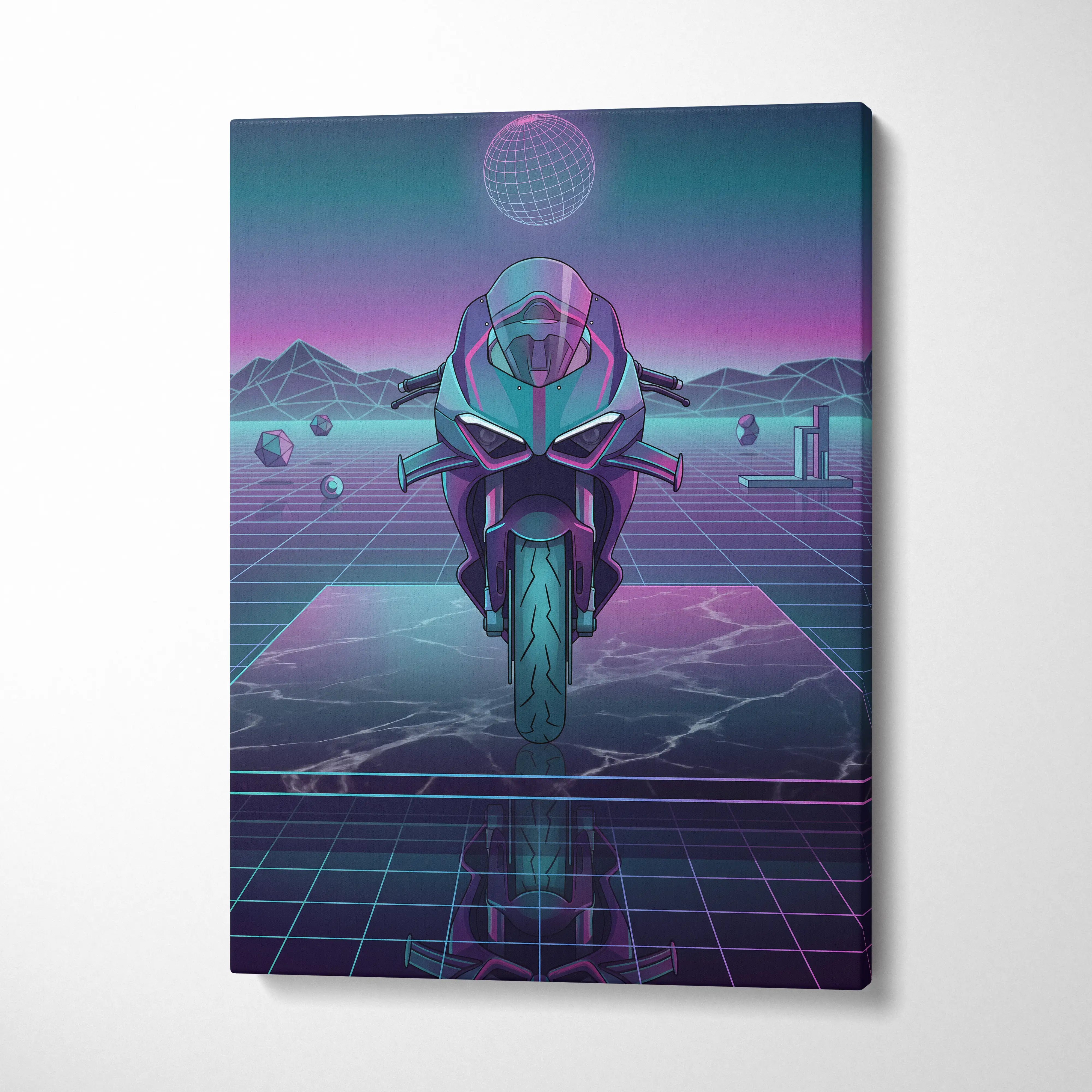 Ducati Panigale V4 Inspired Teal Purple Vaporwave Motorcycle Canvas Wall Art Neon Grid Sportbike Artwork Retro Futuristic Garage Decor