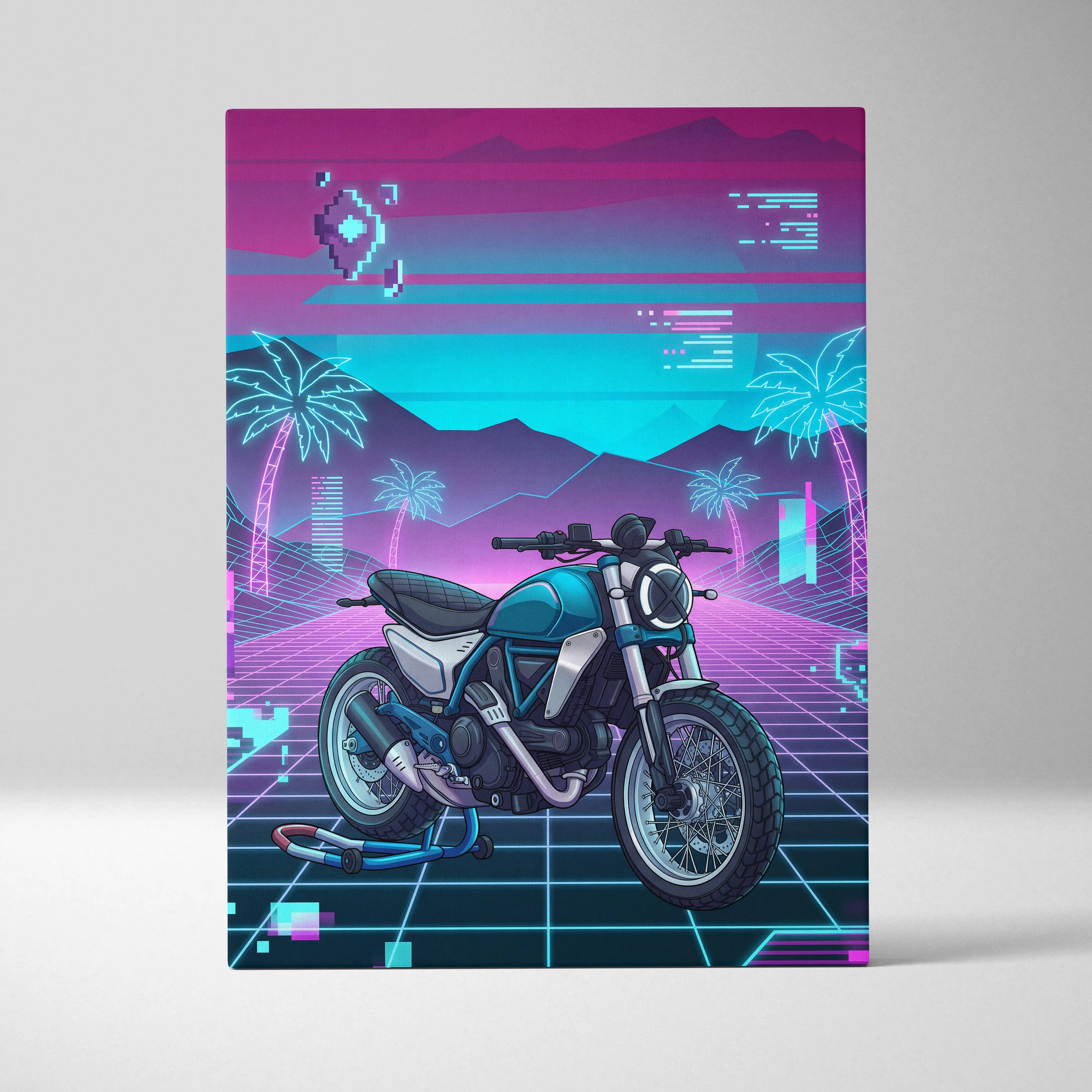 Ducati Scrambler Inspired Teal Pink Vaporwave Motorcycle Canvas Wall Art Neon Grid Retro Bike Artwork Cyberpunk Garage Decor