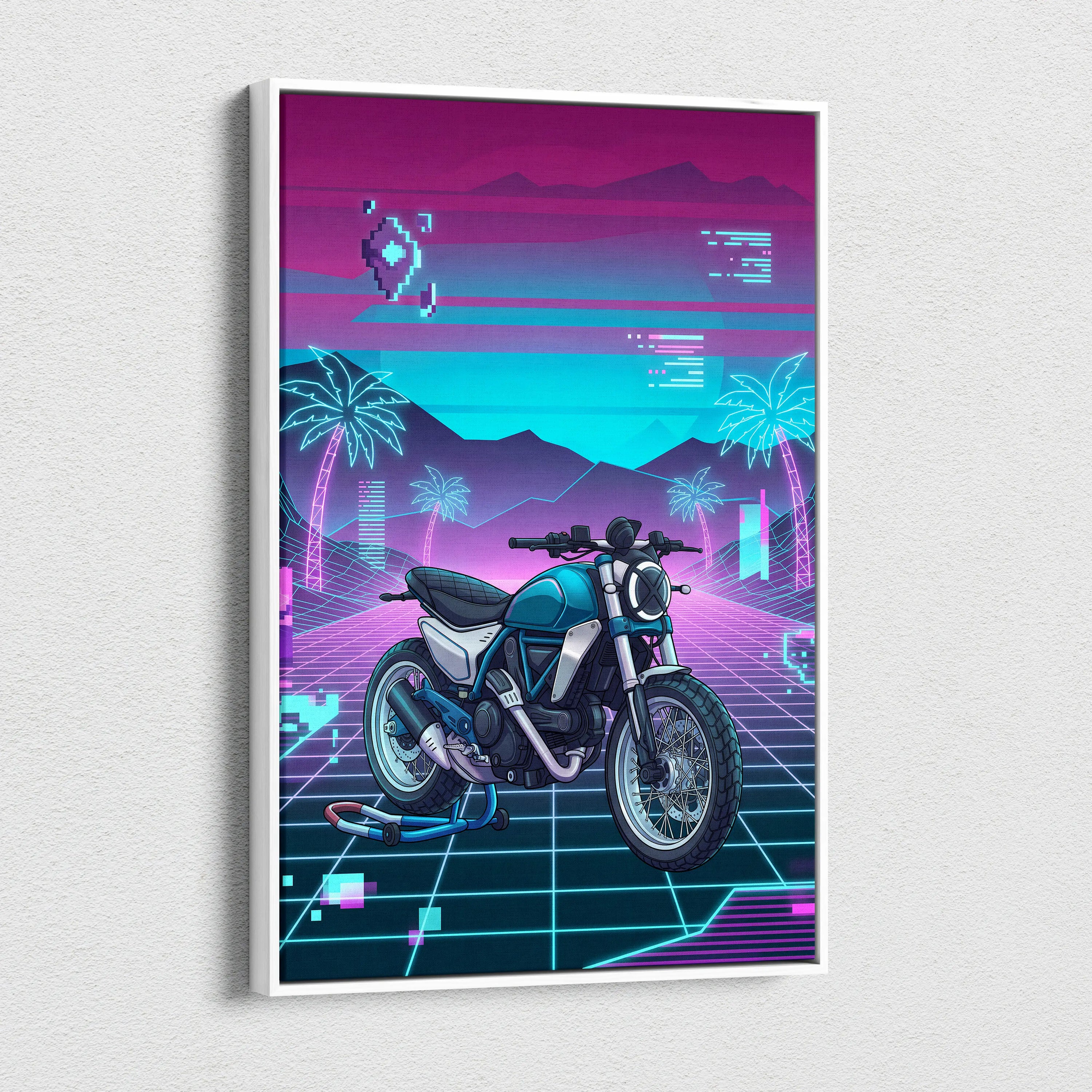Ducati Scrambler Inspired Teal Pink Vaporwave Motorcycle Canvas Wall Art Neon Grid Retro Bike Artwork Cyberpunk Garage Decor