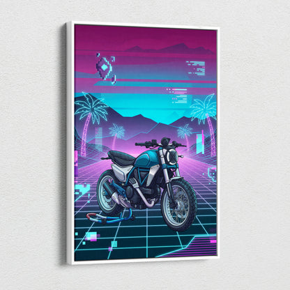 Ducati Scrambler Inspired Teal Pink Vaporwave Motorcycle Canvas Wall Art Neon Grid Retro Bike Artwork Cyberpunk Garage Decor