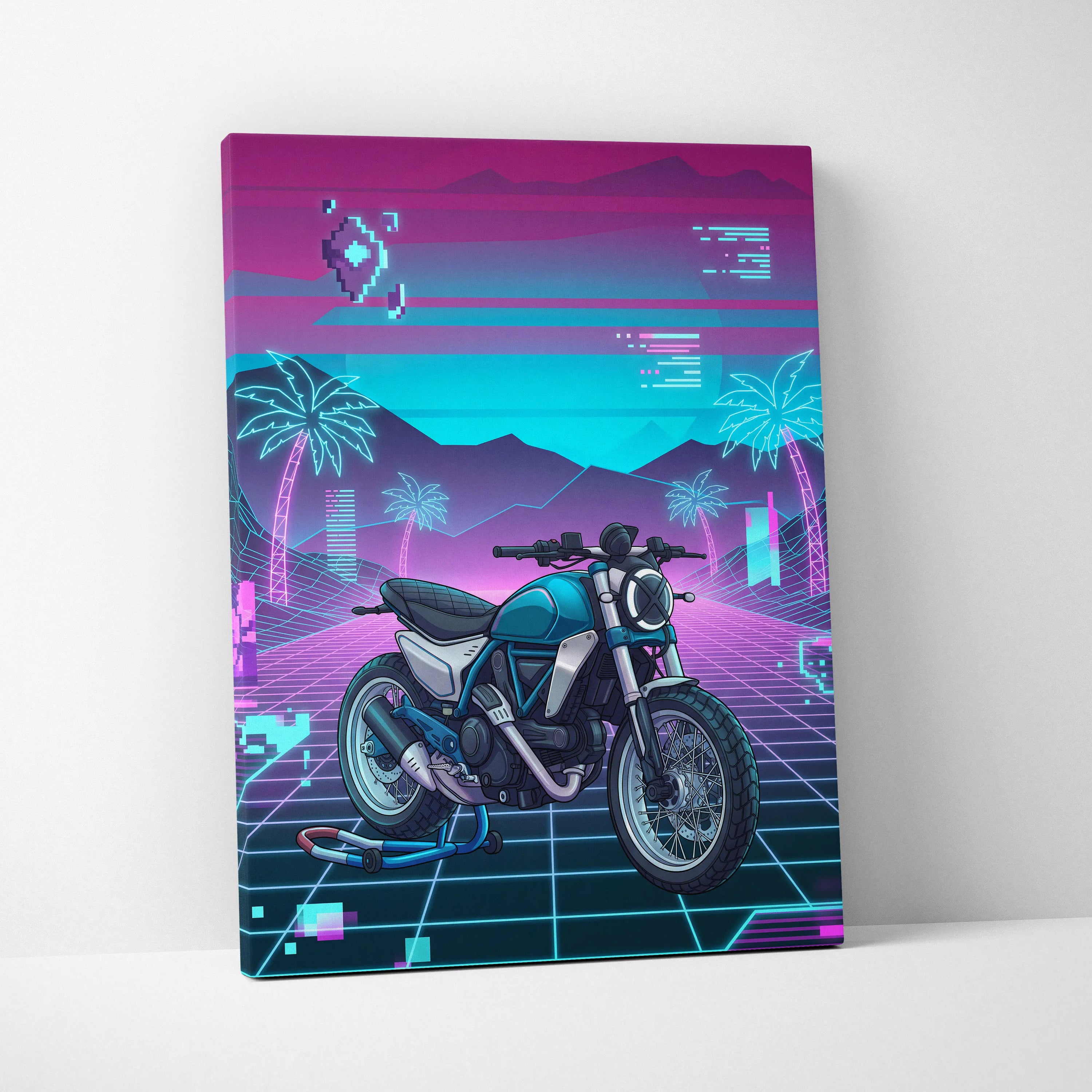 Ducati Scrambler Inspired Teal Pink Vaporwave Motorcycle Canvas Wall Art Neon Grid Retro Bike Artwork Cyberpunk Garage Decor