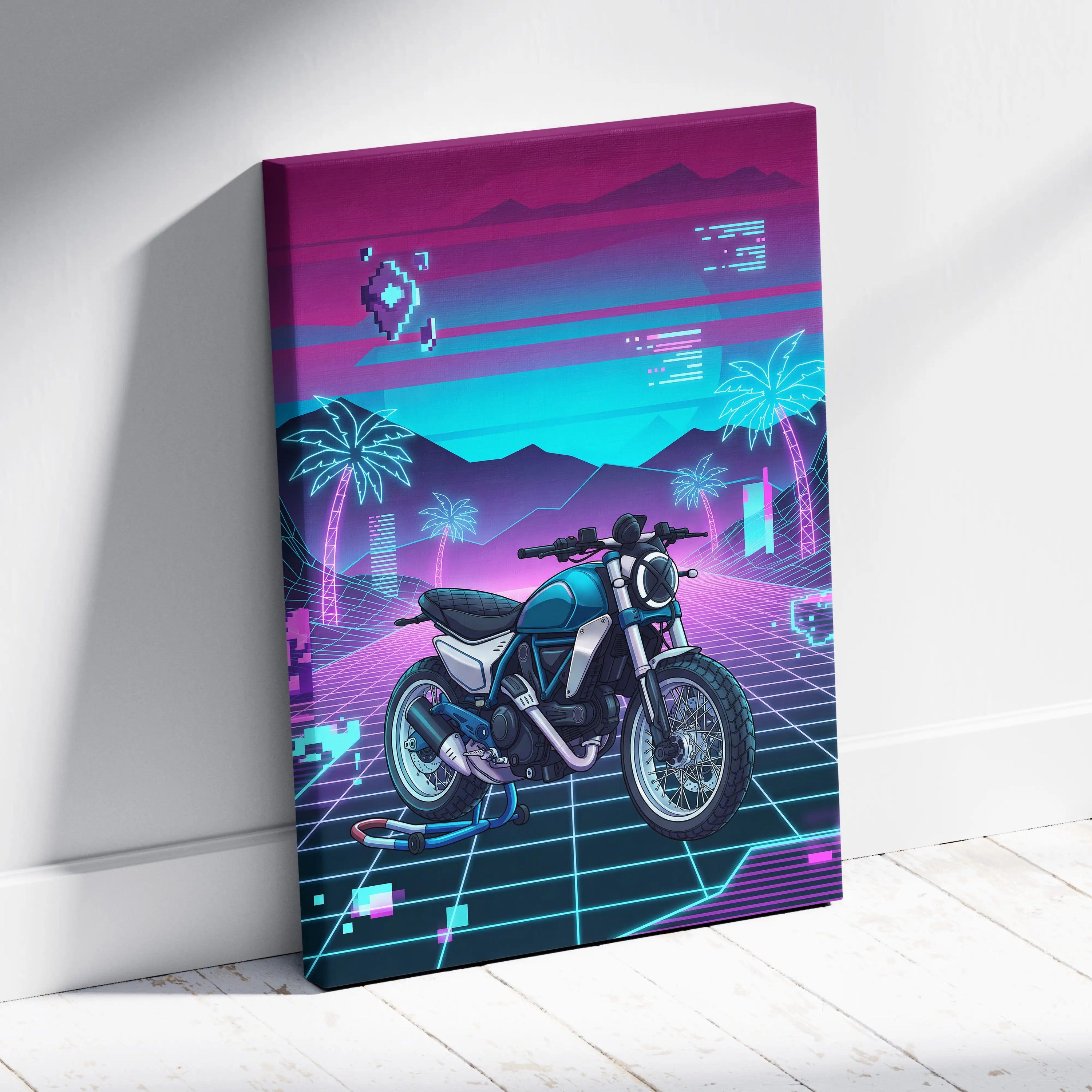 Ducati Scrambler Inspired Teal Pink Vaporwave Motorcycle Canvas Wall Art Neon Grid Retro Bike Artwork Cyberpunk Garage Decor