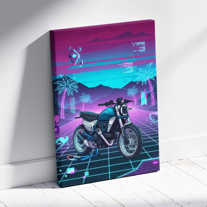 Ducati Scrambler Inspired Teal Pink Vaporwave Motorcycle Canvas Wall Art Neon Grid Retro Bike Artwork Cyberpunk Garage Decor