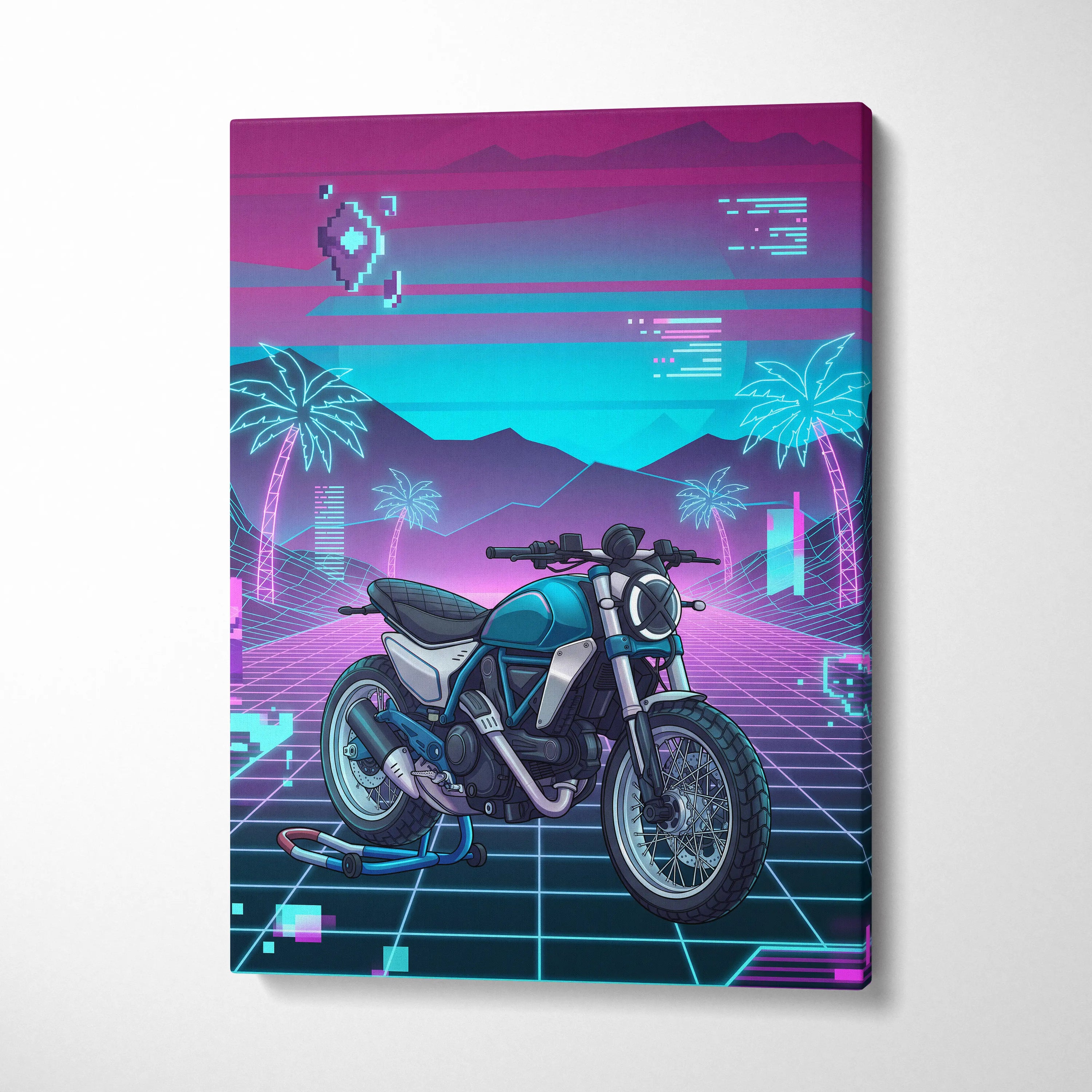 Ducati Scrambler Inspired Teal Pink Vaporwave Motorcycle Canvas Wall Art Neon Grid Retro Bike Artwork Cyberpunk Garage Decor
