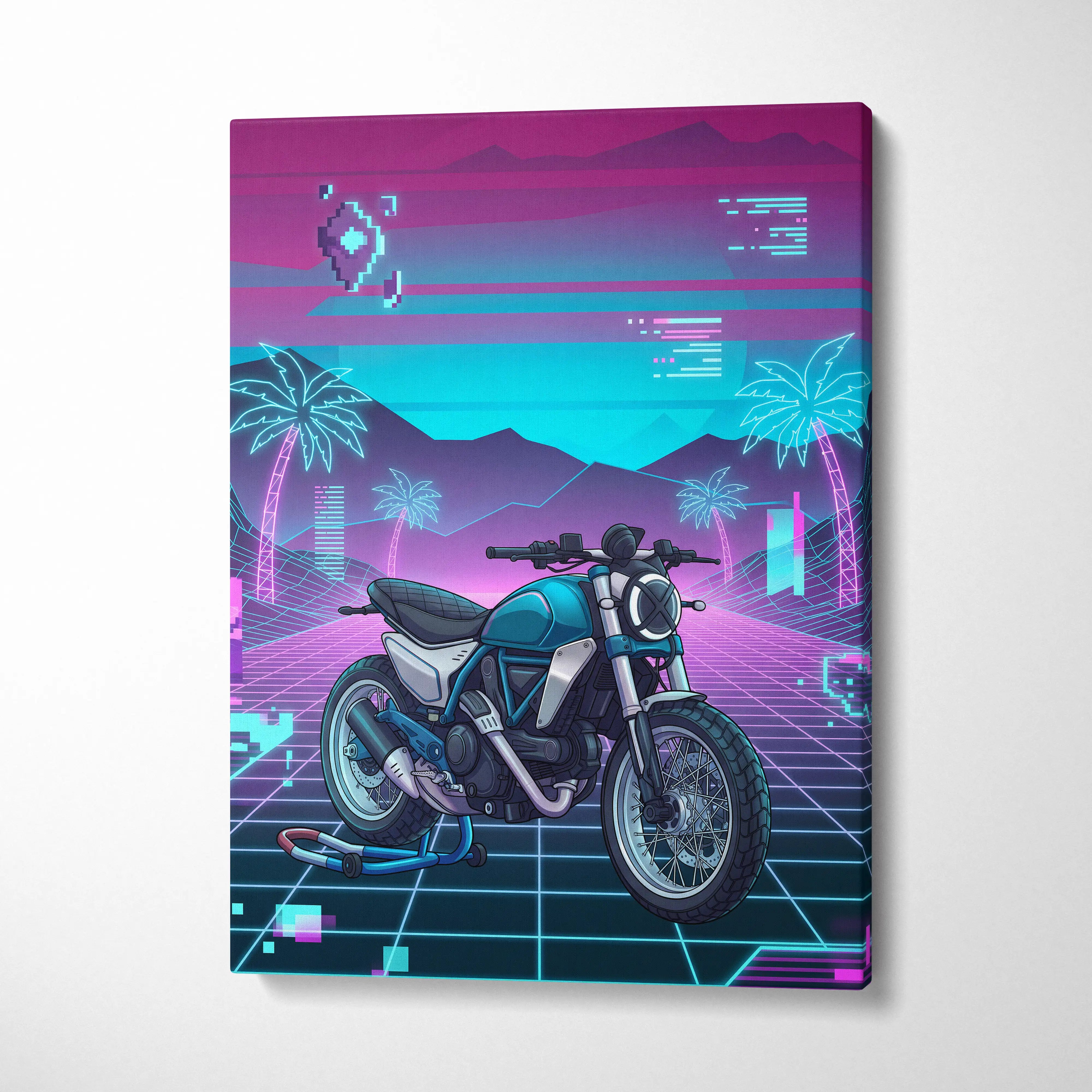 Ducati Scrambler Inspired Teal Pink Vaporwave Motorcycle Canvas Wall Art Neon Grid Retro Bike Artwork Cyberpunk Garage Decor