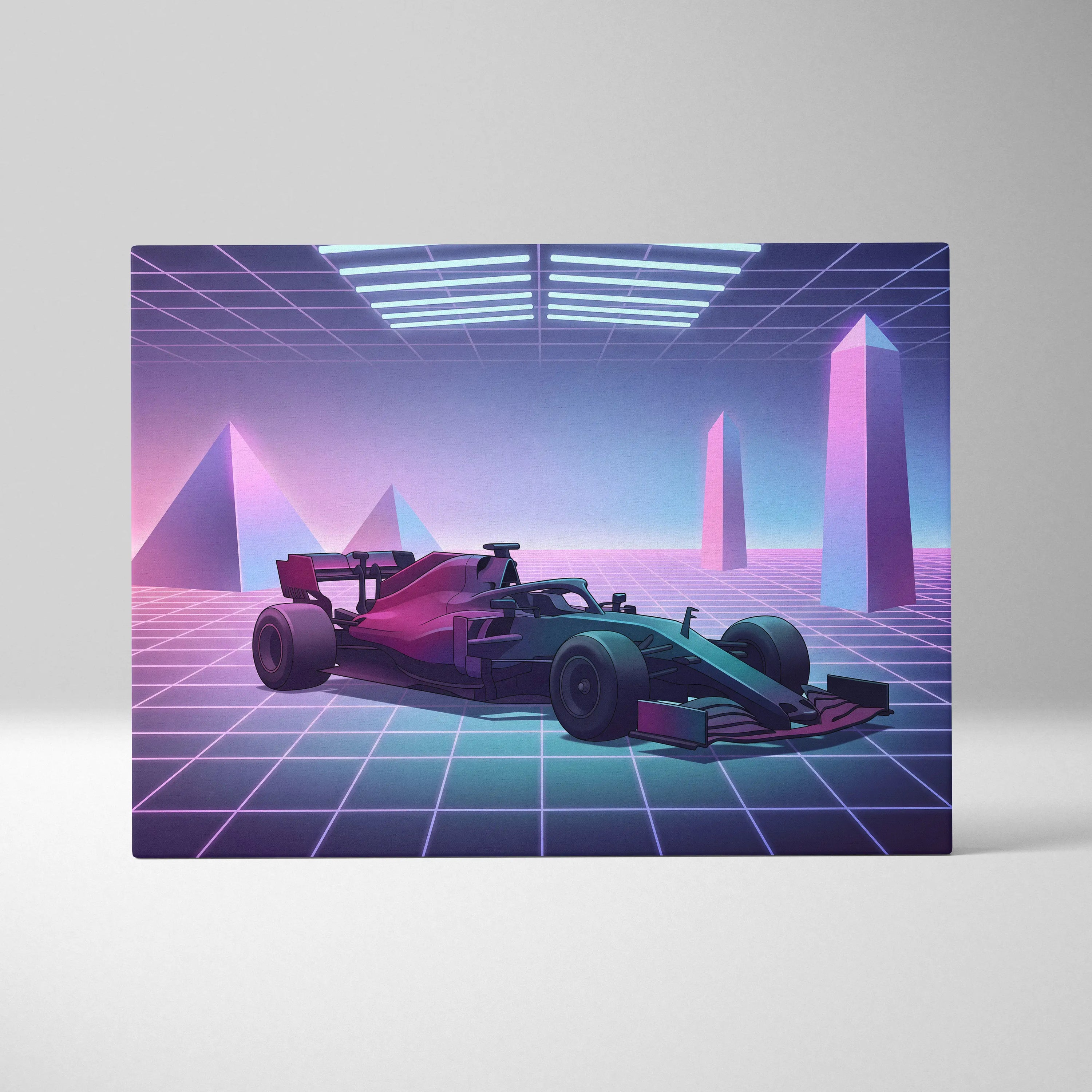 Formula 1 Inspired Pink Blue Canvas Wall Art Vaporwave Race Car Artwork, Neon Grid Motorsport Decor Cyberpunk Garage Art