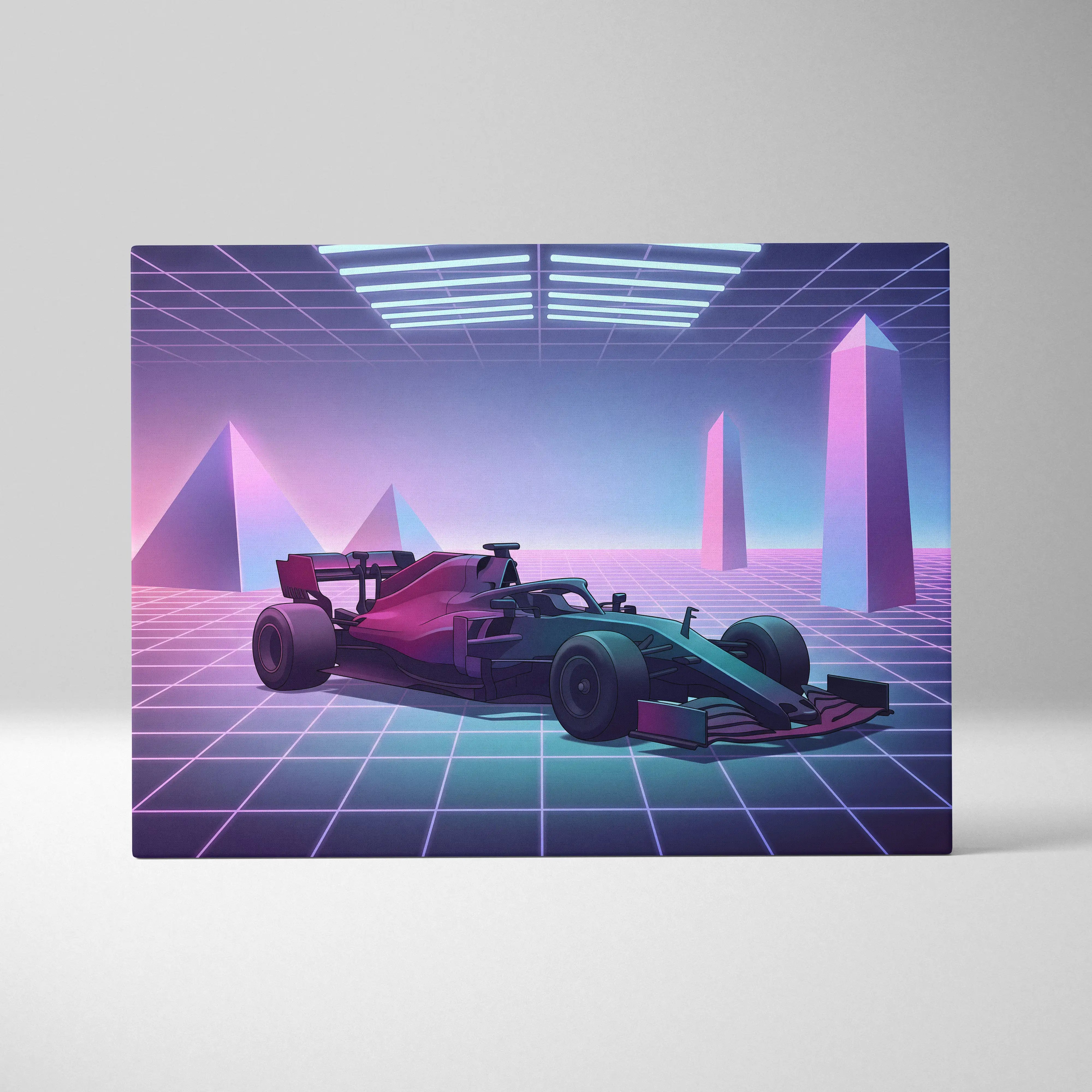 Formula 1 Inspired Pink Blue Canvas Wall Art Vaporwave Race Car Artwork, Neon Grid Motorsport Decor Cyberpunk Garage Art