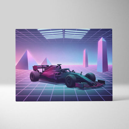 Formula 1 Inspired Pink Blue Canvas Wall Art Vaporwave Race Car Artwork, Neon Grid Motorsport Decor Cyberpunk Garage Art