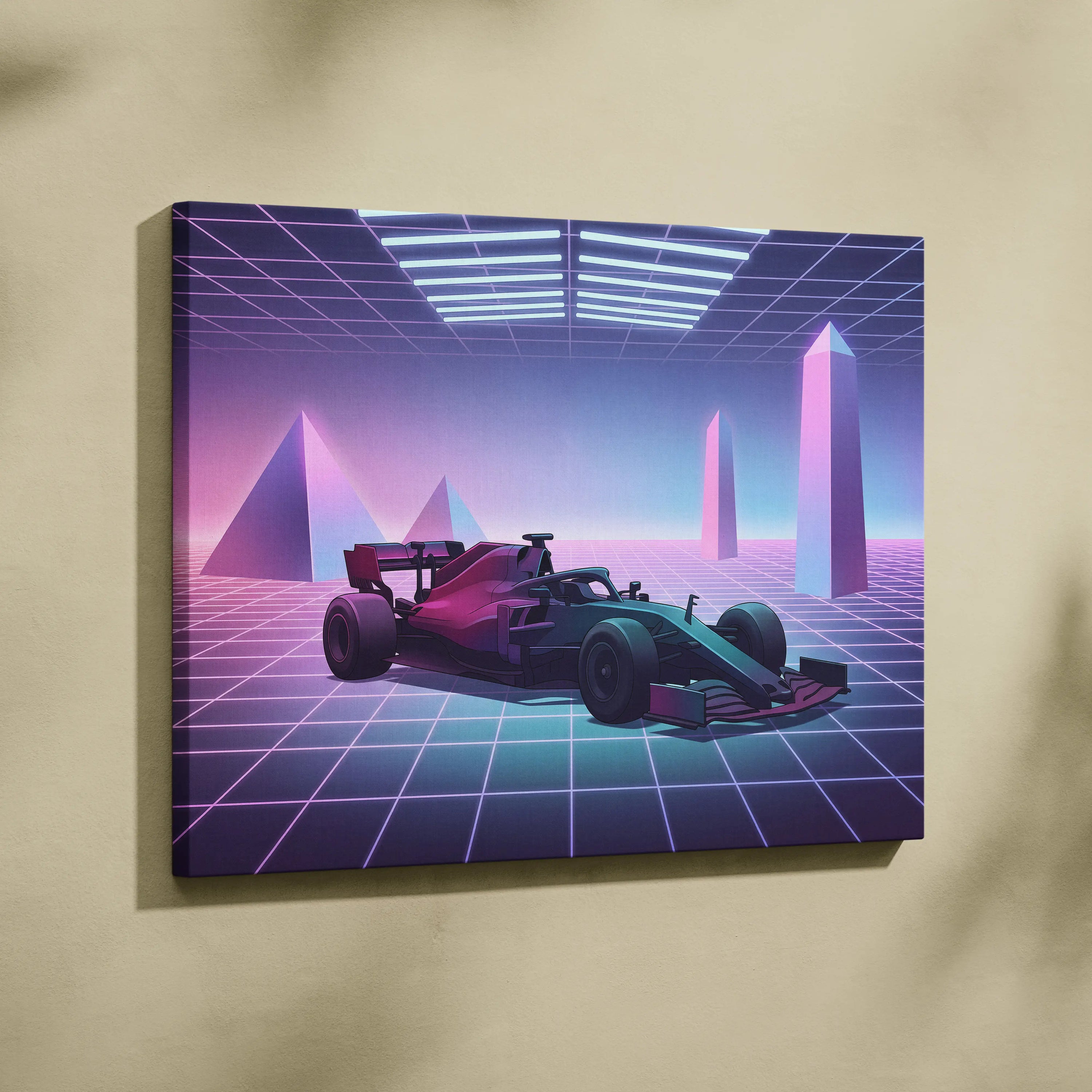 Formula 1 Inspired Pink Blue Canvas Wall Art Vaporwave Race Car Artwork, Neon Grid Motorsport Decor Cyberpunk Garage Art