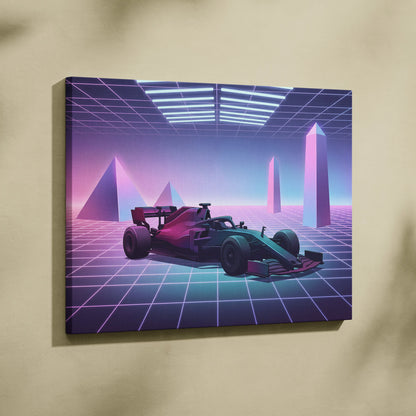 Formula 1 Inspired Pink Blue Canvas Wall Art Vaporwave Race Car Artwork, Neon Grid Motorsport Decor Cyberpunk Garage Art