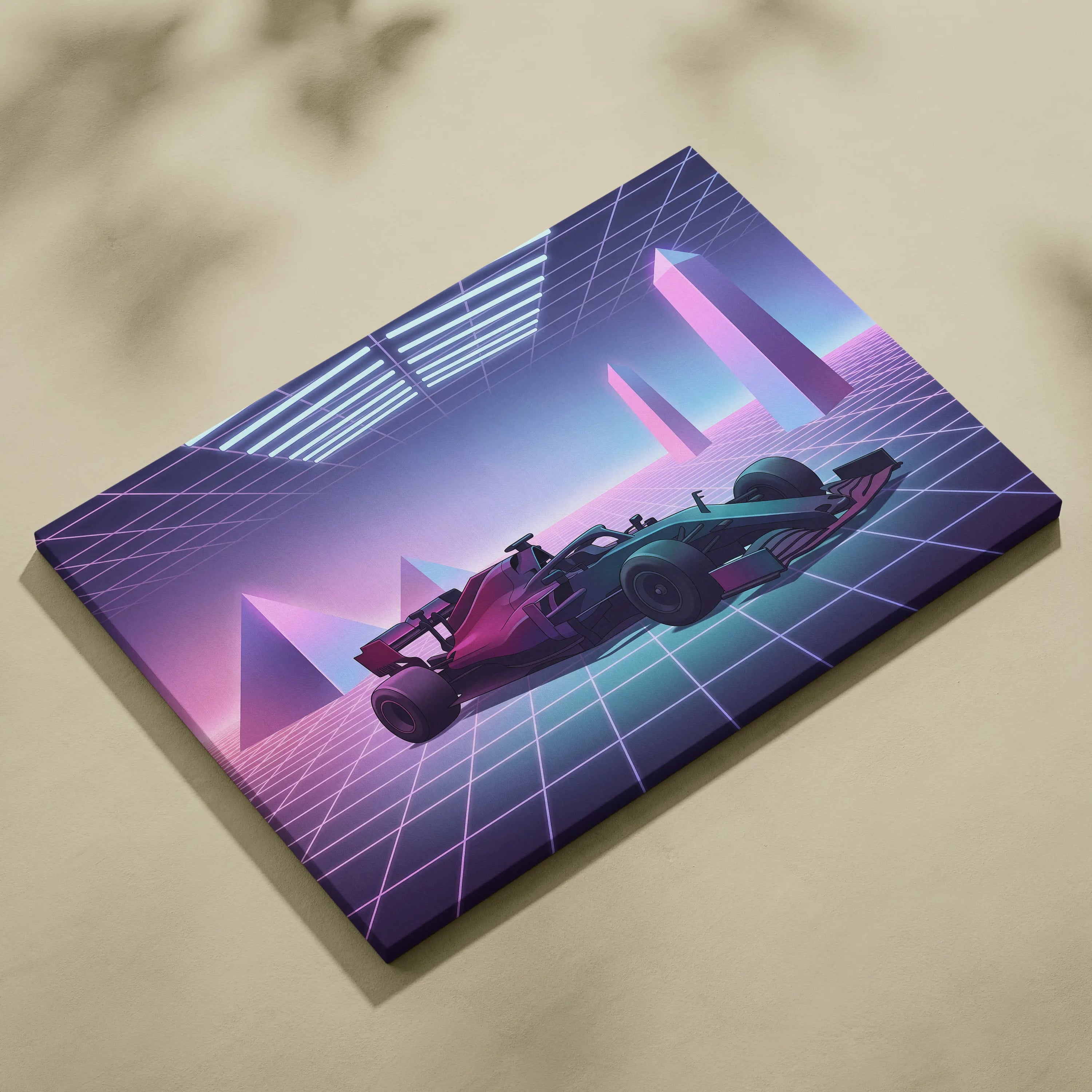 Formula 1 Inspired Pink Blue Canvas Wall Art Vaporwave Race Car Artwork, Neon Grid Motorsport Decor Cyberpunk Garage Art