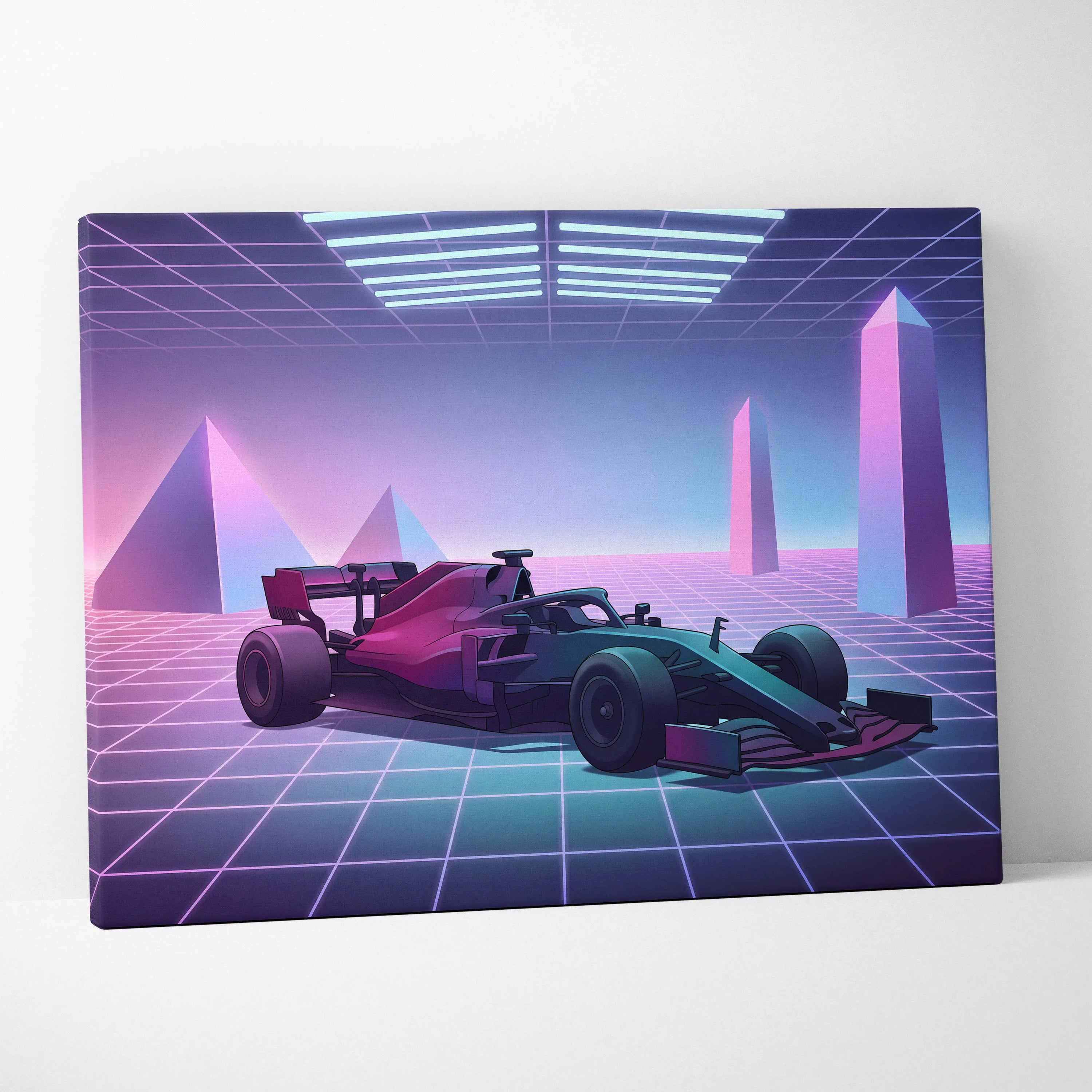 Formula 1 Inspired Pink Blue Canvas Wall Art Vaporwave Race Car Artwork, Neon Grid Motorsport Decor Cyberpunk Garage Art