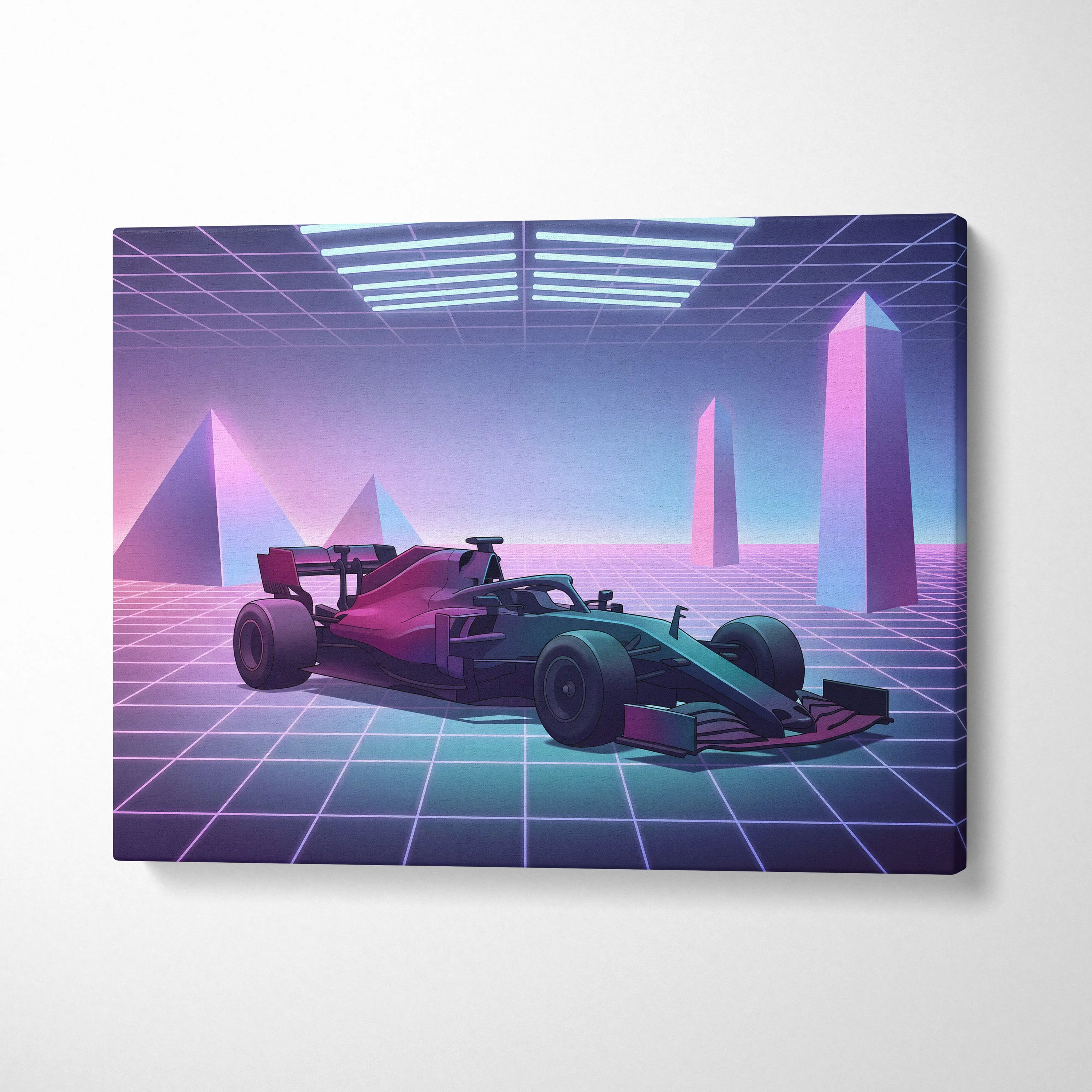 Formula 1 Inspired Pink Blue Canvas Wall Art Vaporwave Race Car Artwork, Neon Grid Motorsport Decor Cyberpunk Garage Art