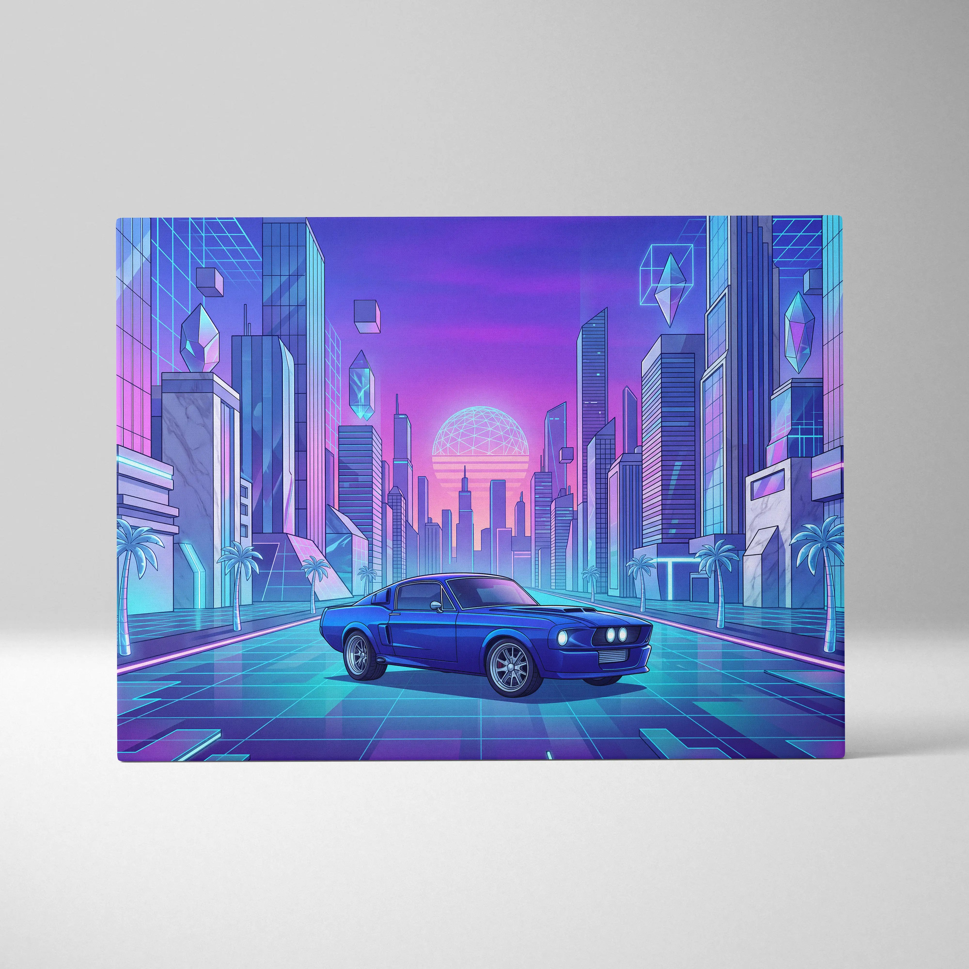 Ford Mustang Fastback Inspired Blue Purple Canvas Wall Art Vaporwave Neon City Muscle Car Artwork, Retro Cyberpunk Garage Decor