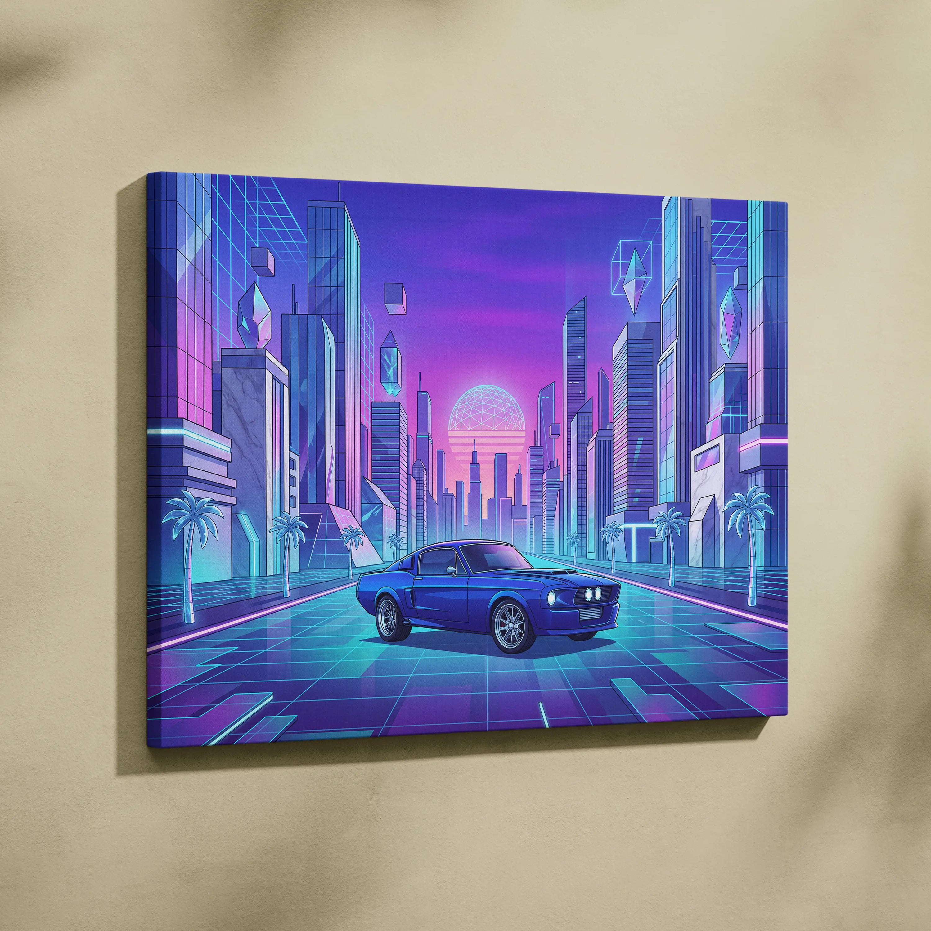 Ford Mustang Fastback Inspired Blue Purple Canvas Wall Art Vaporwave Neon City Muscle Car Artwork, Retro Cyberpunk Garage Decor