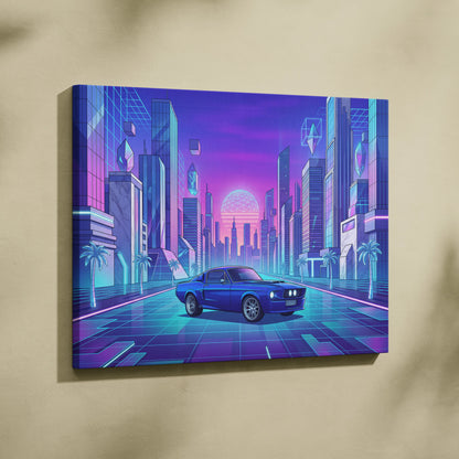 Ford Mustang Fastback Inspired Blue Purple Canvas Wall Art Vaporwave Neon City Muscle Car Artwork, Retro Cyberpunk Garage Decor