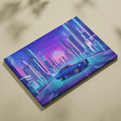 Ford Mustang Fastback Inspired Blue Purple Canvas Wall Art Vaporwave Neon City Muscle Car Artwork, Retro Cyberpunk Garage Decor