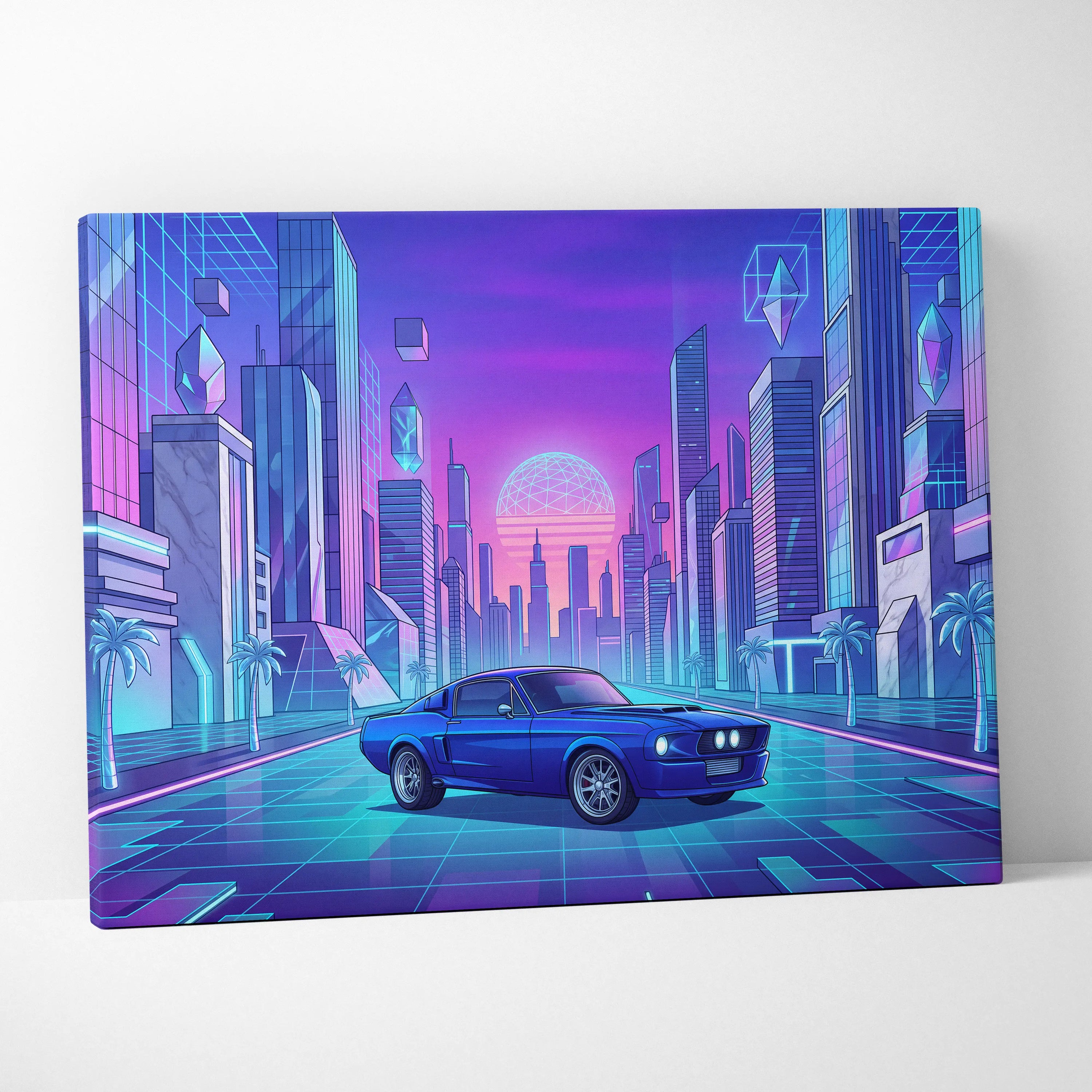Ford Mustang Fastback Inspired Blue Purple Canvas Wall Art Vaporwave Neon City Muscle Car Artwork, Retro Cyberpunk Garage Decor