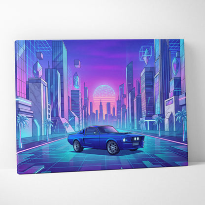 Ford Mustang Fastback Inspired Blue Purple Canvas Wall Art Vaporwave Neon City Muscle Car Artwork, Retro Cyberpunk Garage Decor