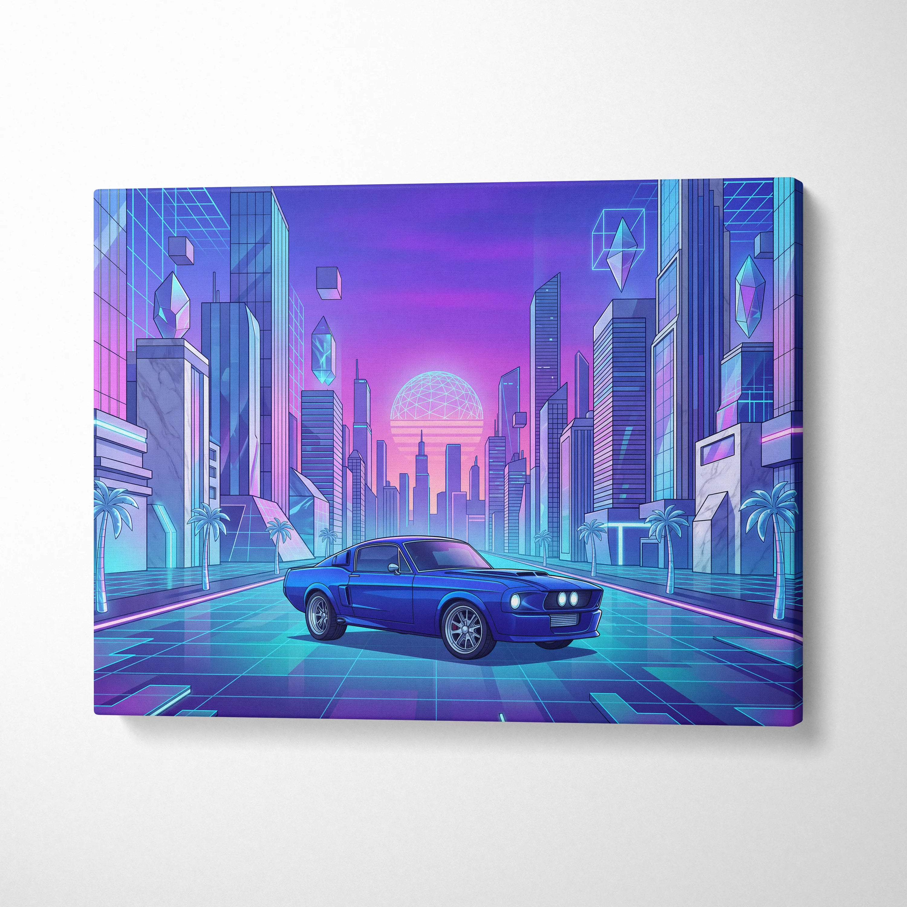 Ford Mustang Fastback Inspired Blue Purple Canvas Wall Art Vaporwave Neon City Muscle Car Artwork, Retro Cyberpunk Garage Decor