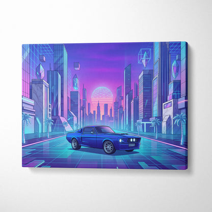 Ford Mustang Fastback Inspired Blue Purple Canvas Wall Art Vaporwave Neon City Muscle Car Artwork, Retro Cyberpunk Garage Decor