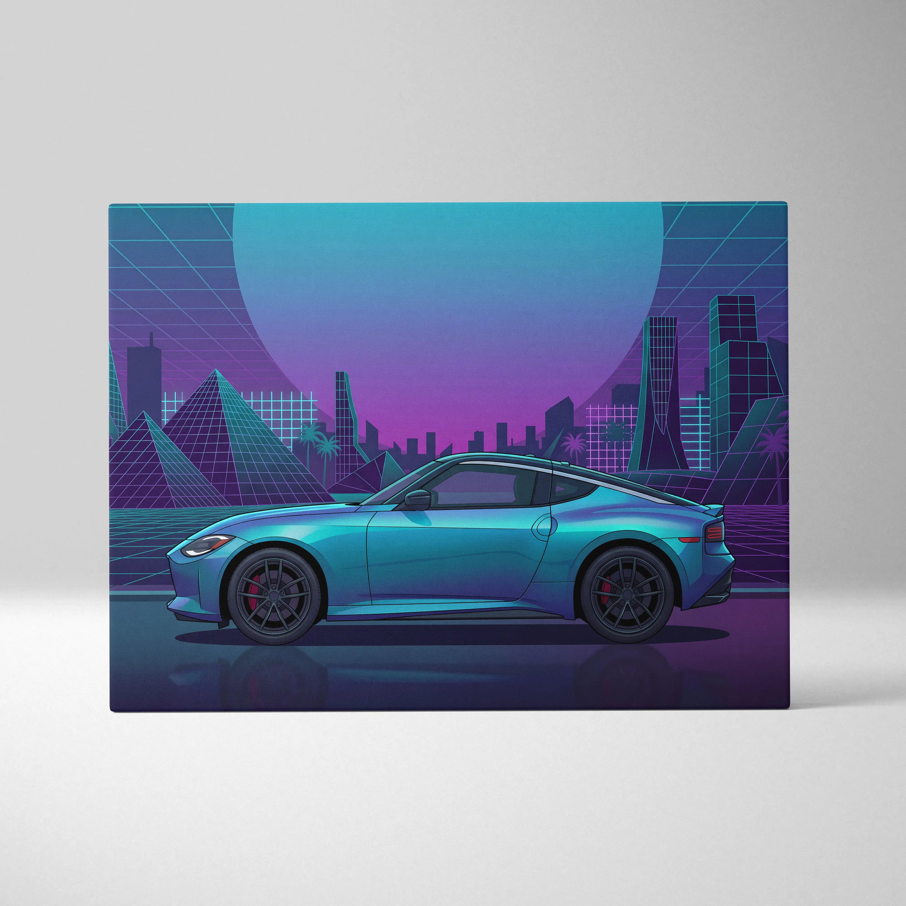Nissan Z Inspired Teal Purple Canvas Wall Art, Neon Vaporwave JDM Sports Car Artwork for Futuristic City Garage Decor