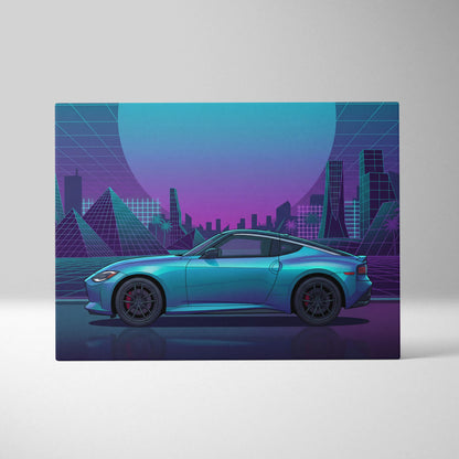 Nissan Z Inspired Teal Purple Canvas Wall Art, Neon Vaporwave JDM Sports Car Artwork for Futuristic City Garage Decor