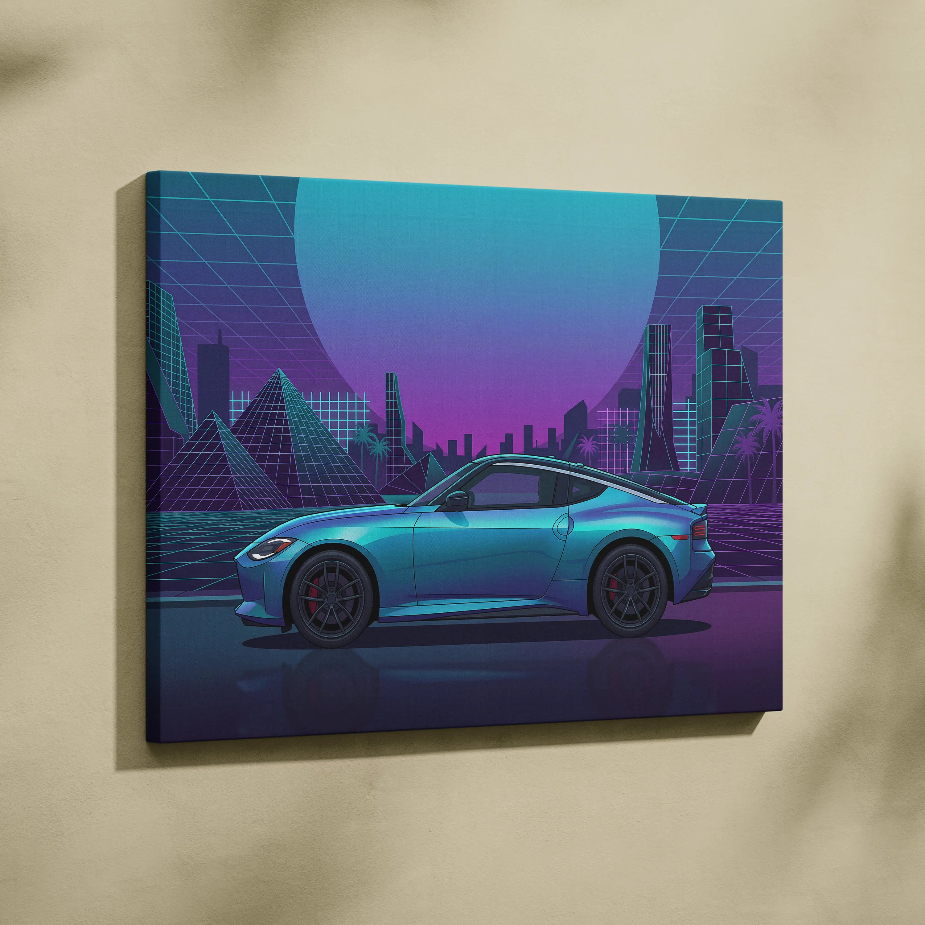 Nissan Z Inspired Teal Purple Canvas Wall Art, Neon Vaporwave JDM Sports Car Artwork for Futuristic City Garage Decor