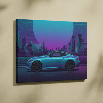 Nissan Z Inspired Teal Purple Canvas Wall Art, Neon Vaporwave JDM Sports Car Artwork for Futuristic City Garage Decor