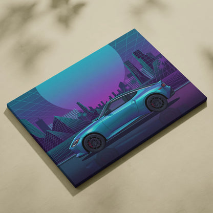 Nissan Z Inspired Teal Purple Canvas Wall Art, Neon Vaporwave JDM Sports Car Artwork for Futuristic City Garage Decor