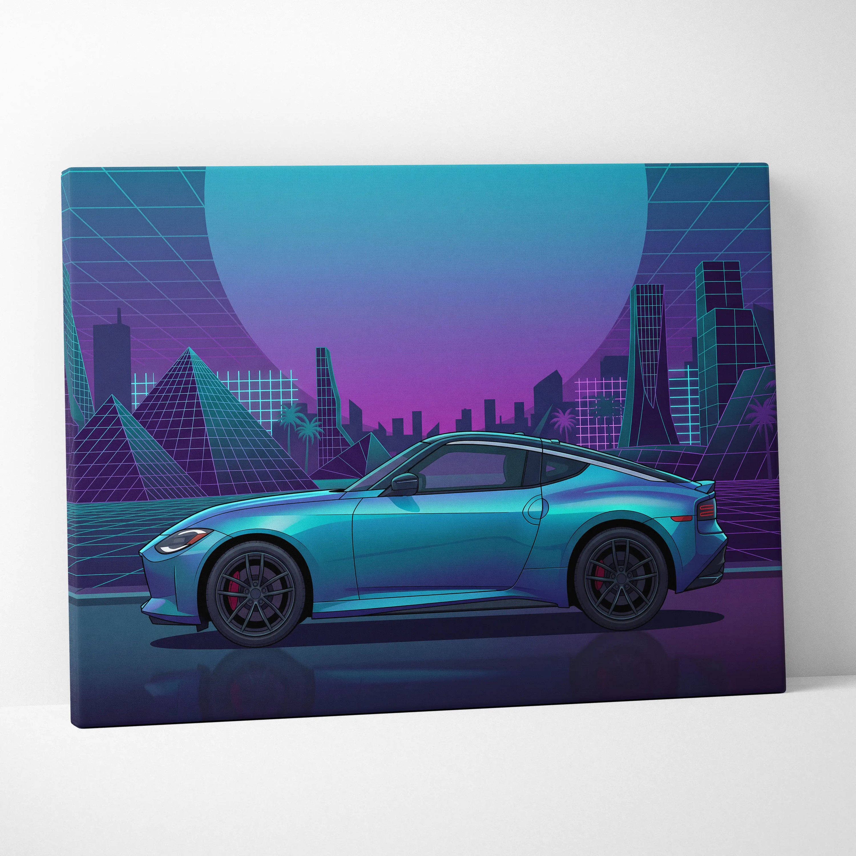 Nissan Z Inspired Teal Purple Canvas Wall Art, Neon Vaporwave JDM Sports Car Artwork for Futuristic City Garage Decor