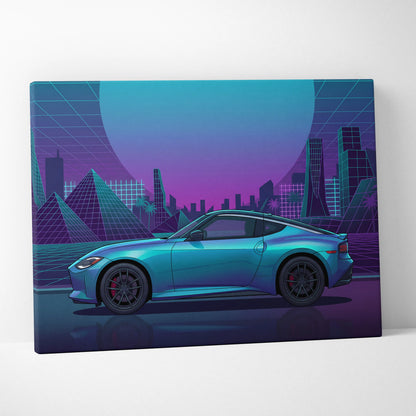 Nissan Z Inspired Teal Purple Canvas Wall Art, Neon Vaporwave JDM Sports Car Artwork for Futuristic City Garage Decor