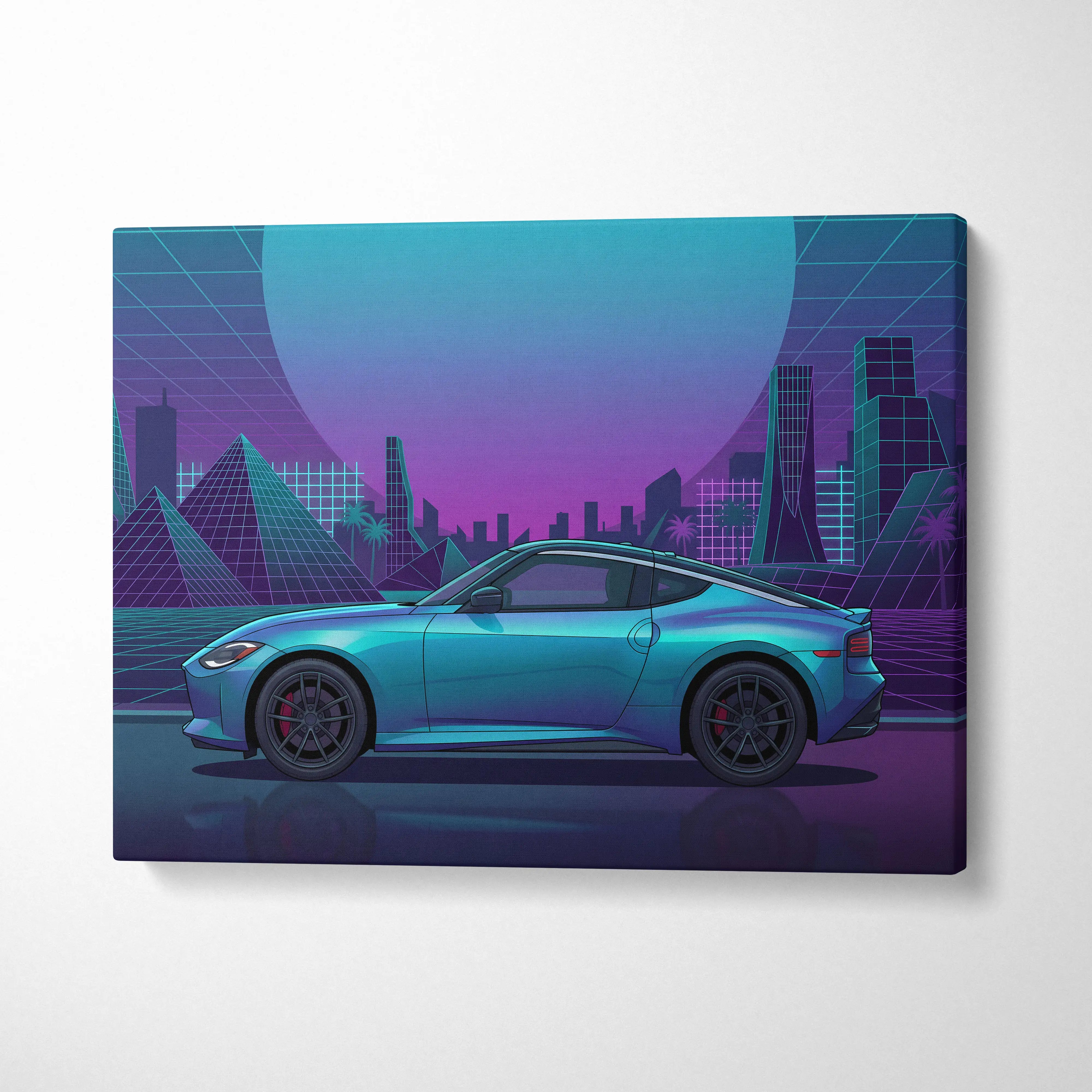 Nissan Z Inspired Teal Purple Canvas Wall Art, Neon Vaporwave JDM Sports Car Artwork for Futuristic City Garage Decor