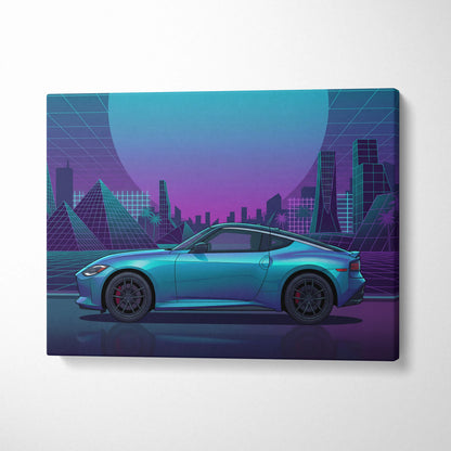 Nissan Z Inspired Teal Purple Canvas Wall Art, Neon Vaporwave JDM Sports Car Artwork for Futuristic City Garage Decor