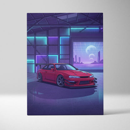 Nissan Silvia S14 Inspired Red Purple Garage Canvas Wall Art Vaporwave JDM Car Artwork, Neon Warehouse Decor Retro Futuristic Print