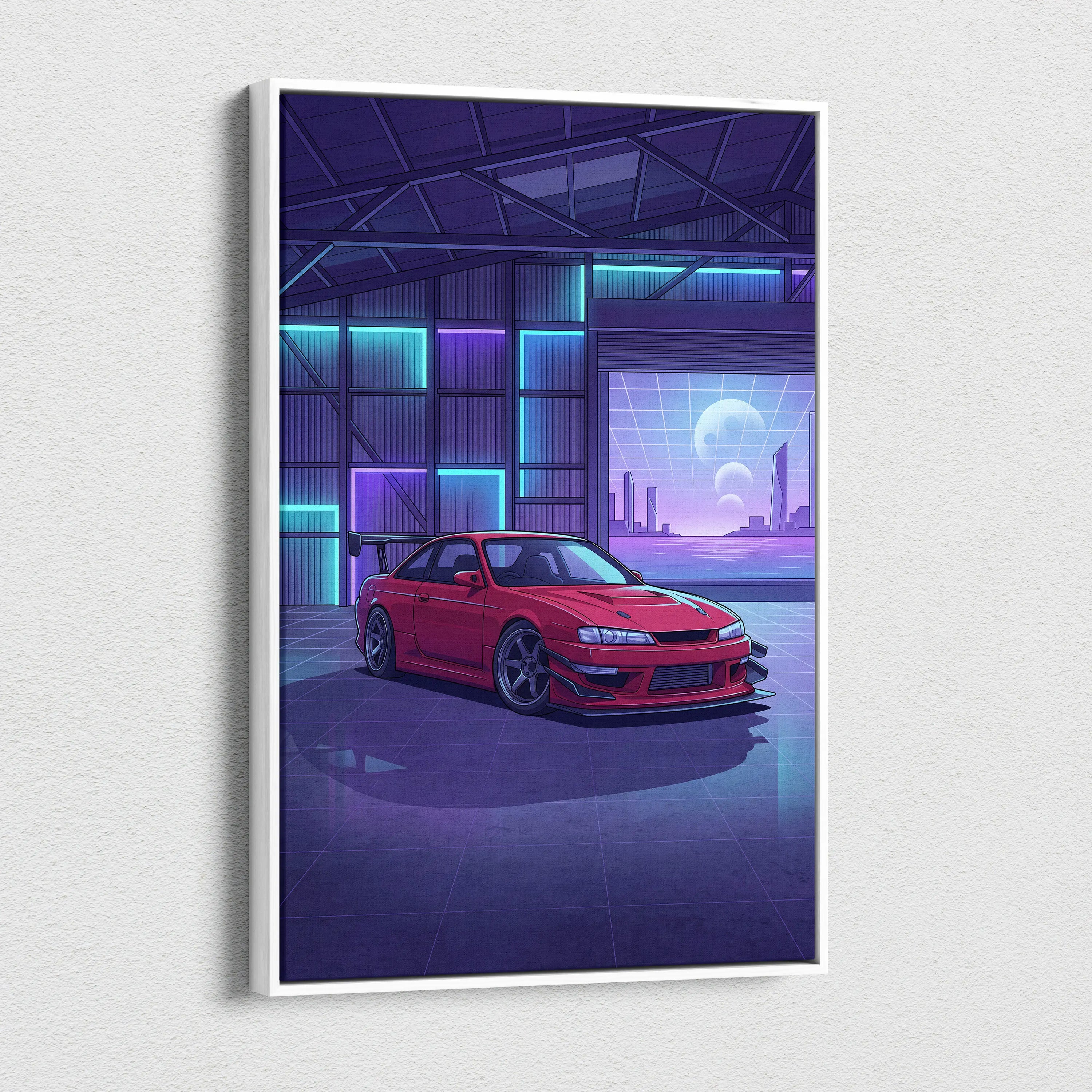 Nissan Silvia S14 Inspired Red Purple Garage Canvas Wall Art Vaporwave JDM Car Artwork, Neon Warehouse Decor Retro Futuristic Print