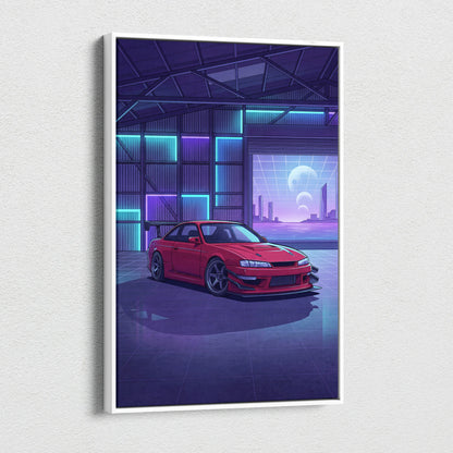 Nissan Silvia S14 Inspired Red Purple Garage Canvas Wall Art Vaporwave JDM Car Artwork, Neon Warehouse Decor Retro Futuristic Print