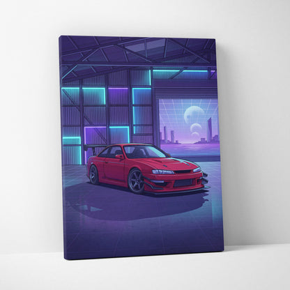 Nissan Silvia S14 Inspired Red Purple Garage Canvas Wall Art Vaporwave JDM Car Artwork, Neon Warehouse Decor Retro Futuristic Print