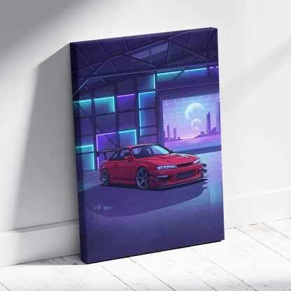 Nissan Silvia S14 Inspired Red Purple Garage Canvas Wall Art Vaporwave JDM Car Artwork, Neon Warehouse Decor Retro Futuristic Print