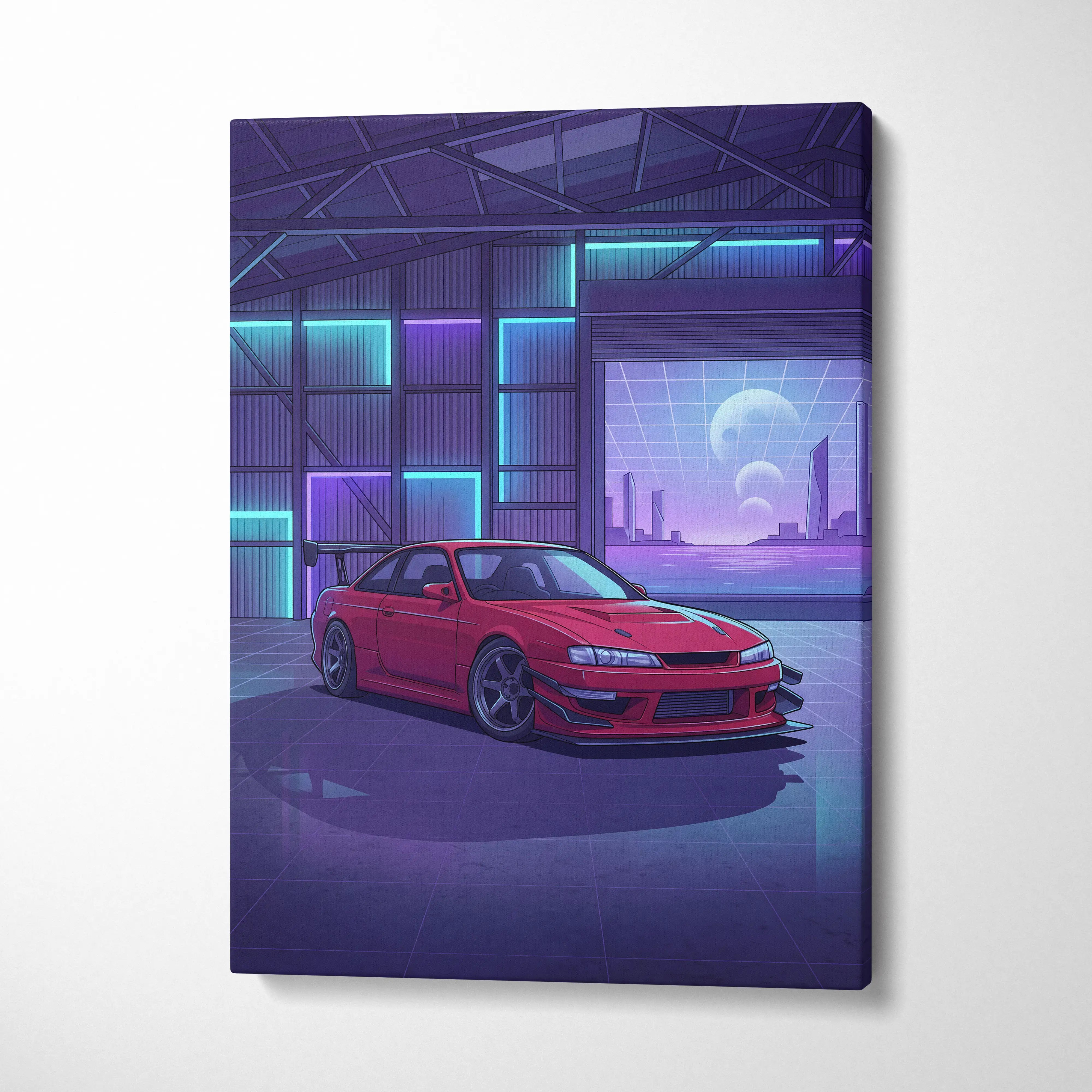Nissan Silvia S14 Inspired Red Purple Garage Canvas Wall Art Vaporwave JDM Car Artwork, Neon Warehouse Decor Retro Futuristic Print