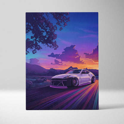 Nissan 370Z Inspired White Sunset Canvas Wall Art Vaporwave JDM Car Artwork, Neon Mountain Road Garage Decor Retro Futuristic Print