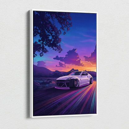 Nissan 370Z Inspired White Sunset Canvas Wall Art Vaporwave JDM Car Artwork, Neon Mountain Road Garage Decor Retro Futuristic Print