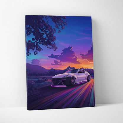 Nissan 370Z Inspired White Sunset Canvas Wall Art Vaporwave JDM Car Artwork, Neon Mountain Road Garage Decor Retro Futuristic Print