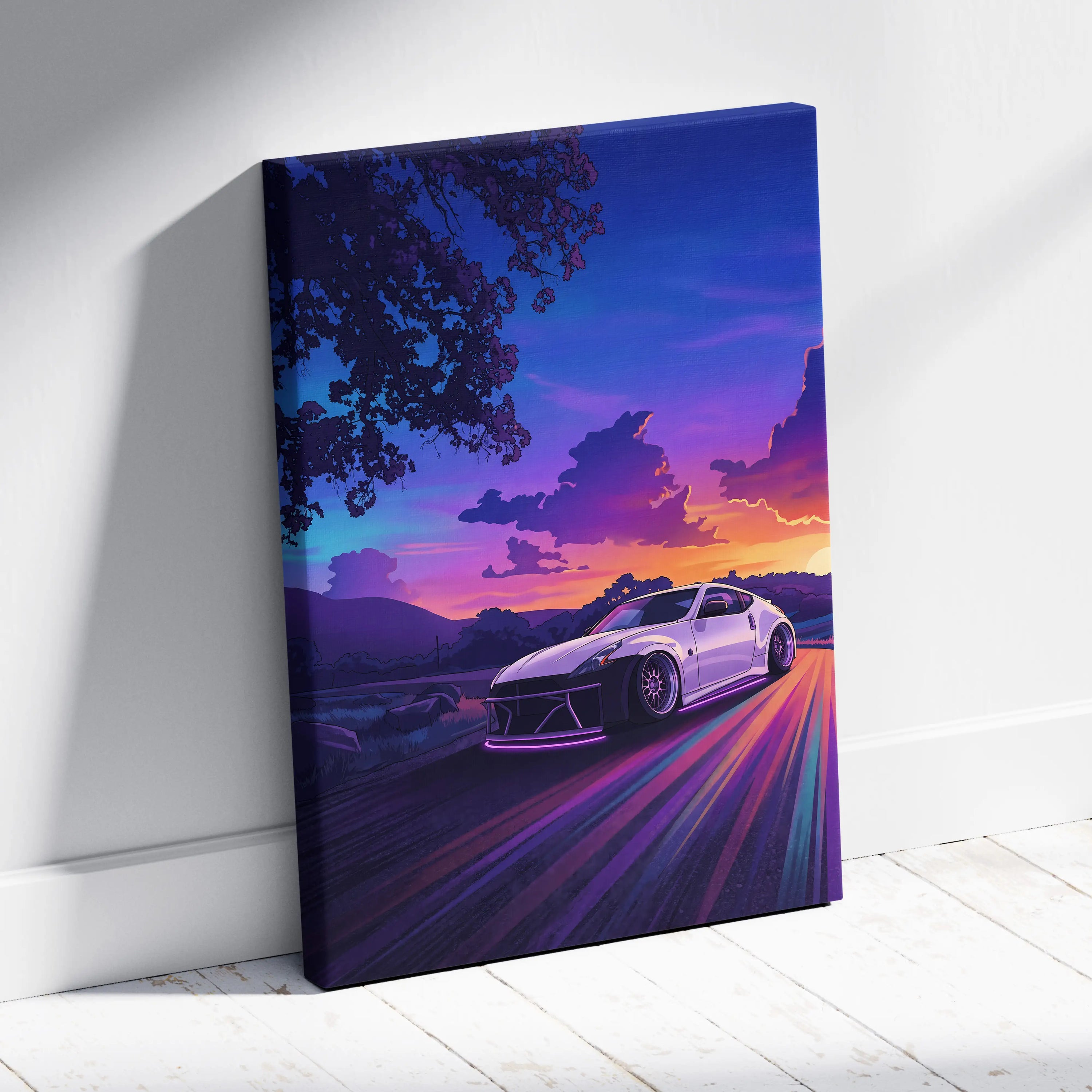 Nissan 370Z Inspired White Sunset Canvas Wall Art Vaporwave JDM Car Artwork, Neon Mountain Road Garage Decor Retro Futuristic Print