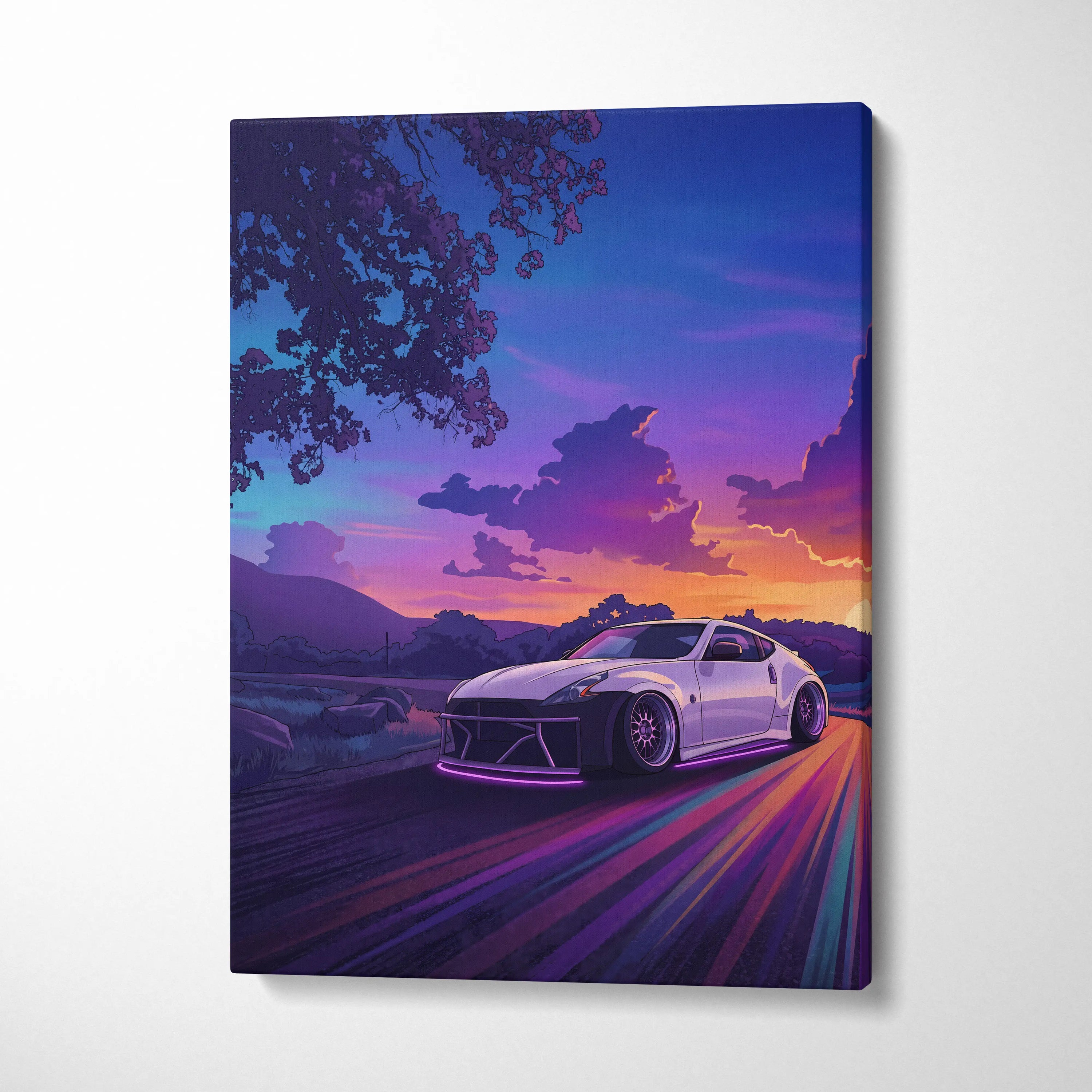 Nissan 370Z Inspired White Sunset Canvas Wall Art Vaporwave JDM Car Artwork, Neon Mountain Road Garage Decor Retro Futuristic Print