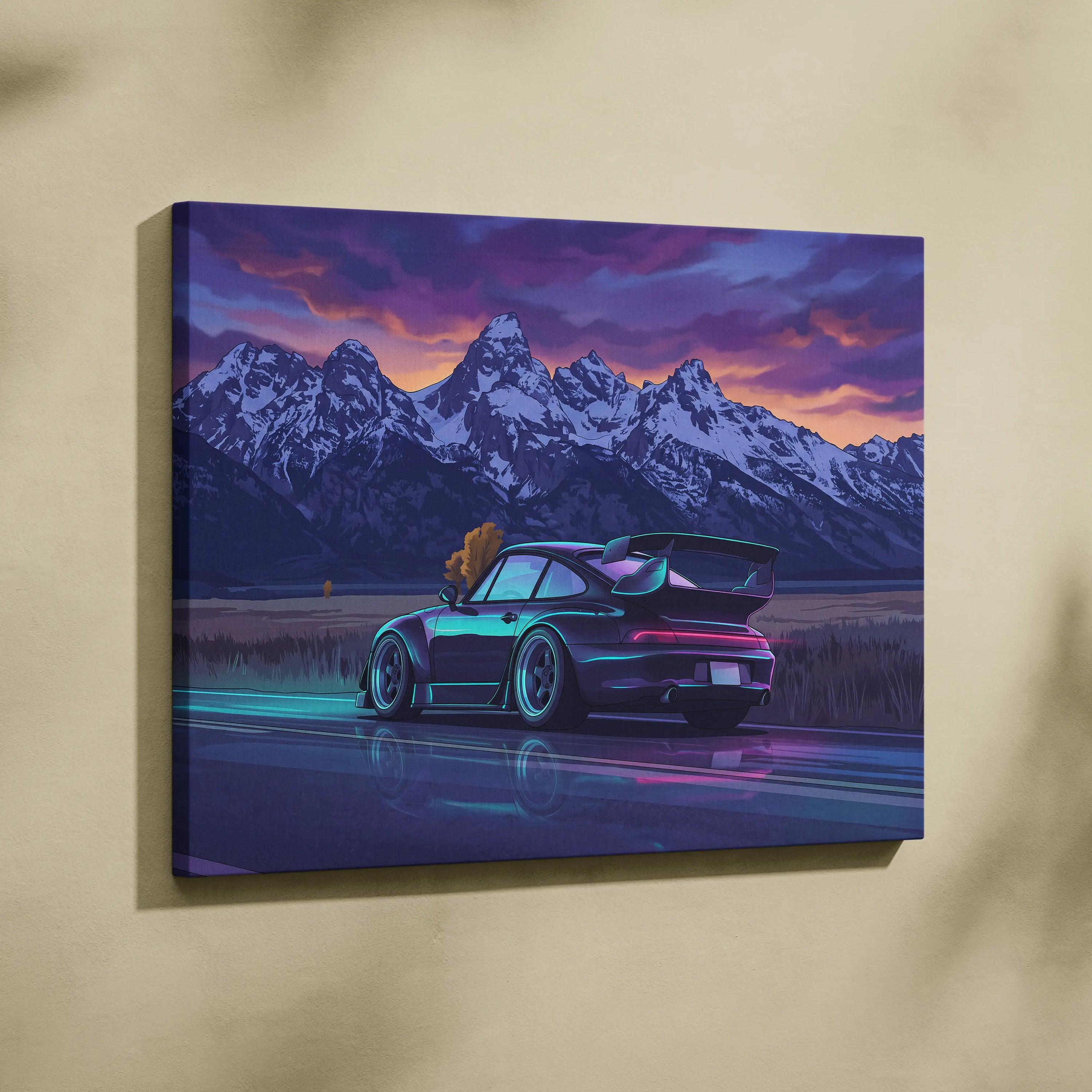 Porsche 911 Turbo Inspired Black Blue Mountain Canvas Wall Art Vaporwave Sports Car Artwork, Neon Snowy Road Garage Decor Print