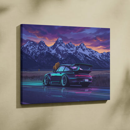 Porsche 911 Turbo Inspired Black Blue Mountain Canvas Wall Art Vaporwave Sports Car Artwork, Neon Snowy Road Garage Decor Print