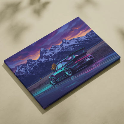 Porsche 911 Turbo Inspired Black Blue Mountain Canvas Wall Art Vaporwave Sports Car Artwork, Neon Snowy Road Garage Decor Print