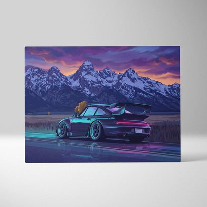Porsche 911 Turbo Inspired Black Blue Mountain Canvas Wall Art Vaporwave Sports Car Artwork, Neon Snowy Road Garage Decor Print